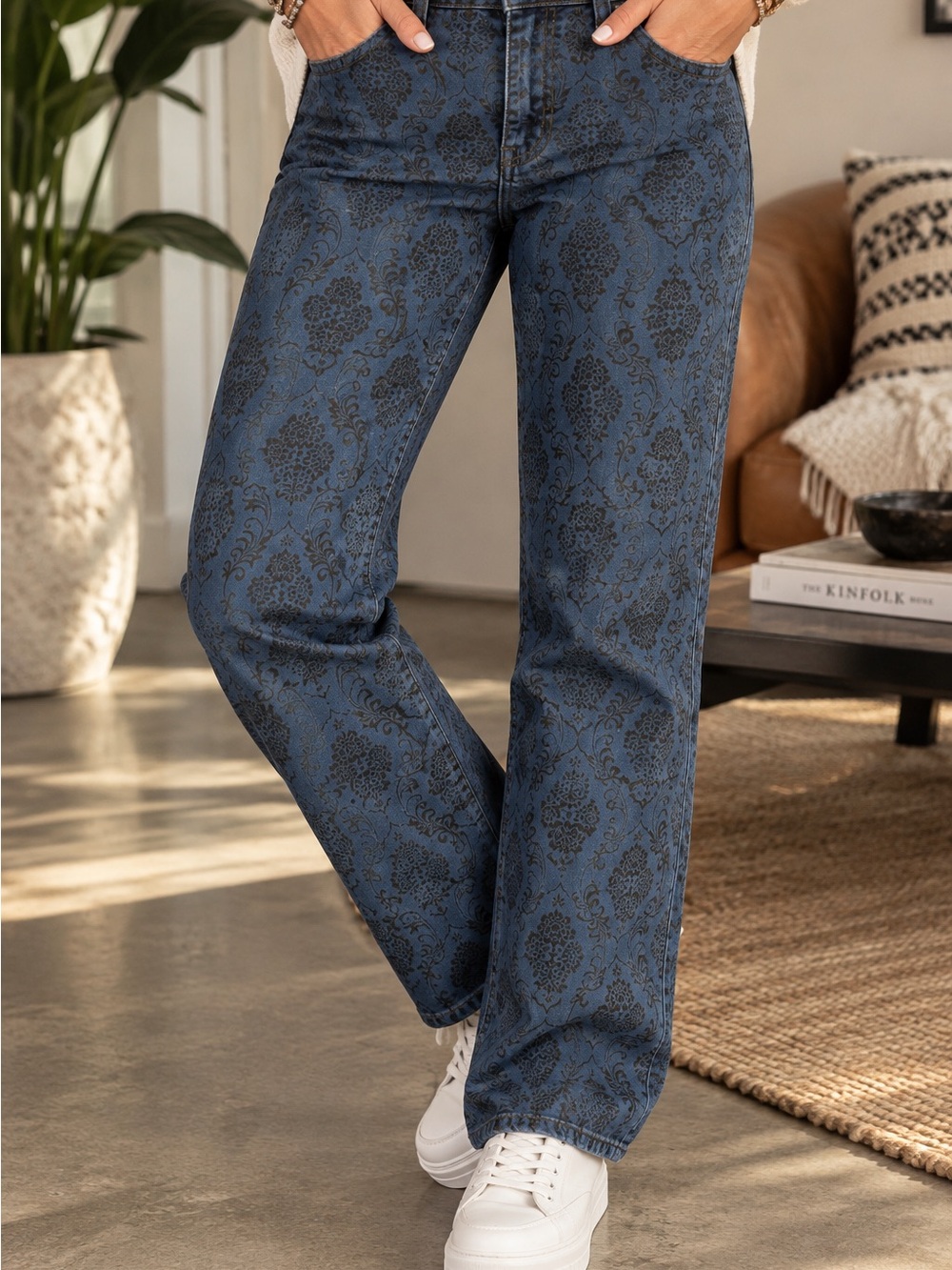 🛍️Simon Chang Blue Damask Print Straight Leg Jeans
